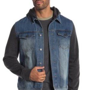 PX Men's Quinn Blue Denim Jacket with Detachable Hoodie Point collar Size Large